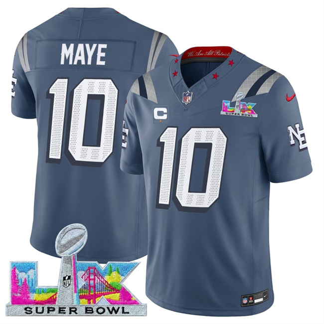 Men's New England Patriots #10 Drake Maye Storm Blue 2025 F.U.S.E. Super Bowl LX Patch And 1-Star C Patch  “Rivalries” Vapor Limited Stitched Football Jersey
